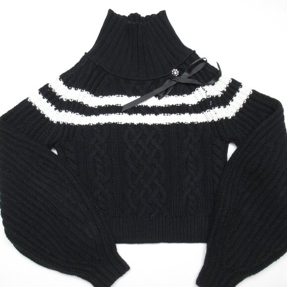 Anthropologie Maeve Mock-Neck Balloon-Sleeve Bow Jumper Sweater Black White XS - Picture 1 of 9